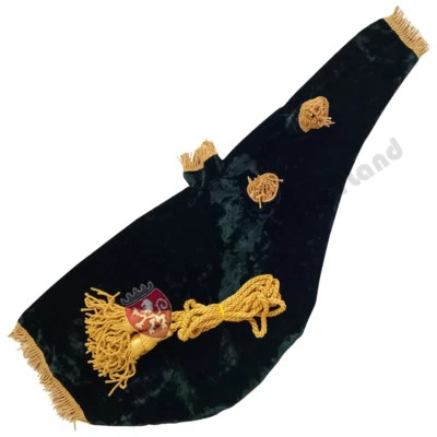 HOUSE OF SCOTLAND Scottish Highland Dudelsack Airbag Abdeckung in grünem Samt mit goldener Kordel 30 x 12