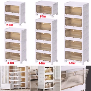 Collapsible Storage Cabinet Box Organizers Containers with Wheels 1/2/3/4/5 Tier - Picture 1 of 81