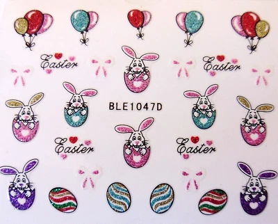 BLE 3D Nail Art Sticker Easter Bunny Bows Eggs Hearts Balloons Glitter Decal 1047