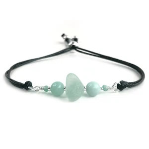 Sea Glass Bracelet - Green Amazonite and Sterling Silver Black Cord Jewellery - Picture 1 of 6