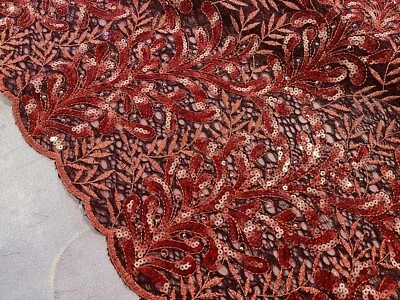 Burgundy Embroidery Sequins Lace Fabric 50” Width 1 Yard - Image 1 of 4