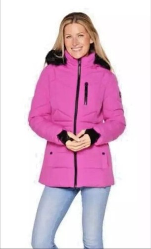 Giacca donna L Michael Kors MK Chevron cappotto con cappuccio azalea bordo pelliccia sintetica