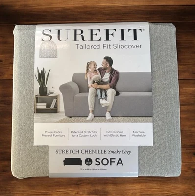 SureFit Stretch Chenille Sofa Couch Slipcover Smoke Grey Tailored Fit 72-88” NEW - Image 1 of 4