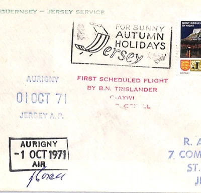 GB JERSEY Cover *AURIGNY AIR* Mail FIRST FLIGHT BN TRISLANDER 1971 Cachet YK394 - Image 1 of 4