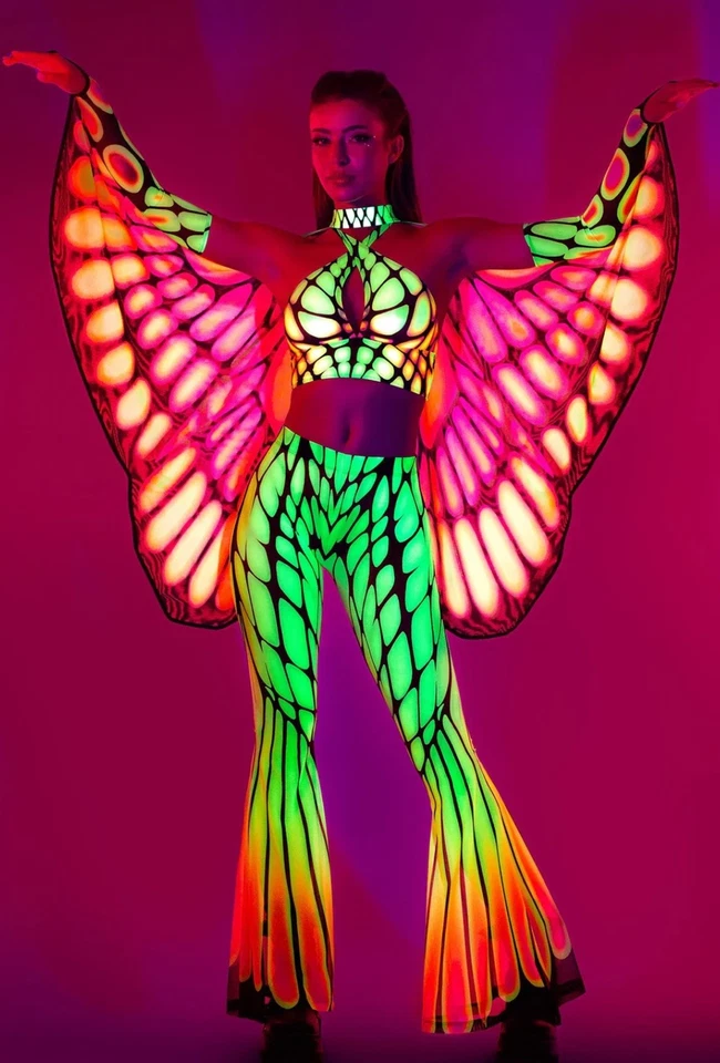Badinka Rave Cosplay Mariposa Malla Neón Prendas para el torso Pantalones y Alas Conjunto Para Mujer’s Grande  Foto 1 de 4