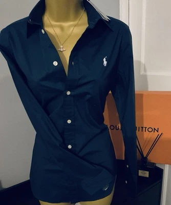 Pristine Ralph Lauren Navy Blue Cotton Blend Shirt Blouse Stunning UK 10 - Image 1 of 4