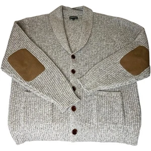Orvis Shawl Cardigan Mens XXL Wool Beige Gray Suede Elbows Cable Knit Pockets - Picture 1 of 11
