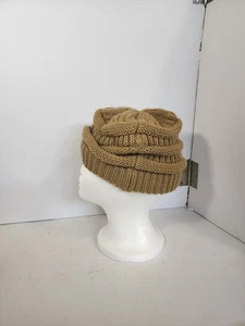 CC Gorro Mujer Crochet Tejido Cola de Caballo Agujero Acanalado Invierno Sombrero Talla Única Marrón - Imagen 1 de 4