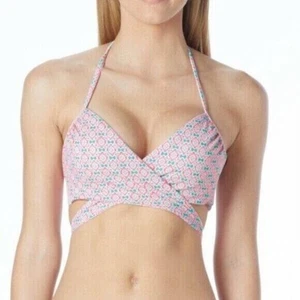 Coco Rave Simone Pink Blue Wrap Geo Halter Bikini Top Bathing Swim Suit Sz 36C - Picture 1 of 4