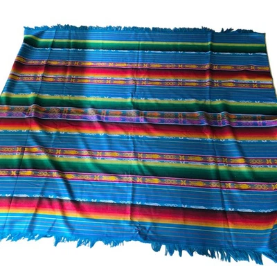 Aztec Tablecloth Mexican Serape Blue Stripes Fringe Throw Blanket Ecuador 160 cm - Image 1 of 4