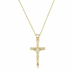 14K Yellow Gold Crucifix Cross Pendant Singapore Chain Necklace Set -Jesus Charm - Picture 1 of 3