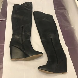 Gorgeous Black Faux Leather Wedged over The Knee Boots. Size 6 Great Condition - Picture 1 of 11