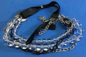 Black Ribbon Multi Strand Clear Acrylic Balls Silver Necklace signed NY, NY&CO - Picture 1 of 9