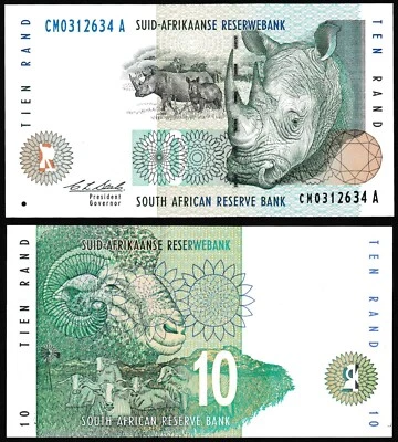 South Africa 10 rand 1993-1999 Rhinoceros & Ram & Cows P123a Prefix CM UNC CM - Image 1 of 4