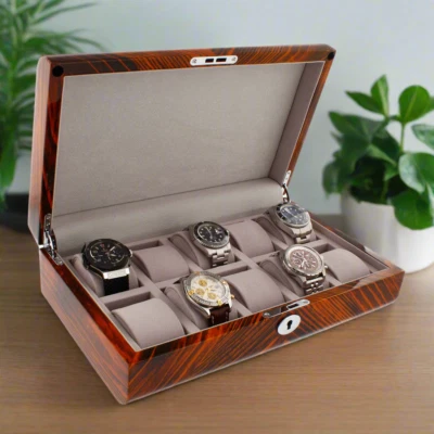 Premium Quality Tiger Striped Wood 10 Watch Box with Solid Lid by Aevitas - Image 1 of 4
