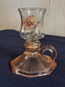 Rosa Depression Glas Kerzenhalter Windlicht Pfingstrose bemalt Fingerschlaufe 5 1/4" hoch - Bild 1 von 10
