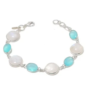Moonstone & Chalcedony Gemstone 925 Sterling Silver Jewelry Bracelet Size 7-8" - Picture 1 of 1