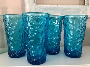 Vintage Blue Glass Drinking Glasses Set 4 Textured Mid Century Mod Excellent - Picture 1 of 1