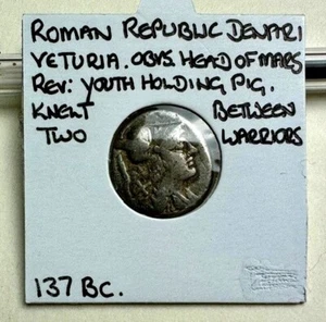 X328: Roman Silver Republic Denarius - Youth Holding PIG - Old Collection Piece - Picture 1 of 3