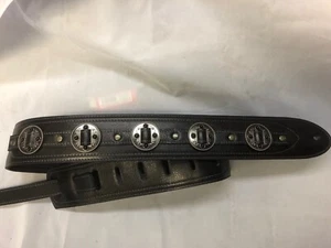 BLACK LEATHER ANTIQUE SILVER CONCHO GUITAR STRAP - Picture 1 of 12