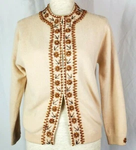 Vintage Harilela's Lambs Wool Blend Hand Beaded Cream Sweater W/ Orange & Beads - Picture 1 of 7