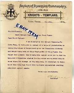 1892 Membrete Tyler Texas Asilo de Caballeros de la Ascensión de Templar A.F. Reese - Imagen 1 de 2