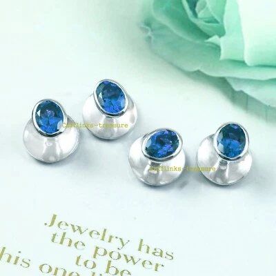 Conjunto de botões smoking masculino prata esterlina 925 pedra topázio azul Londres natural #70 - Imagem 1 de 4