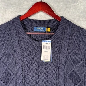 Ralph Lauren Sweater Mens XXL Blue Aran Knit Cable Cotton Fisherman Crewneck - Picture 1 of 10