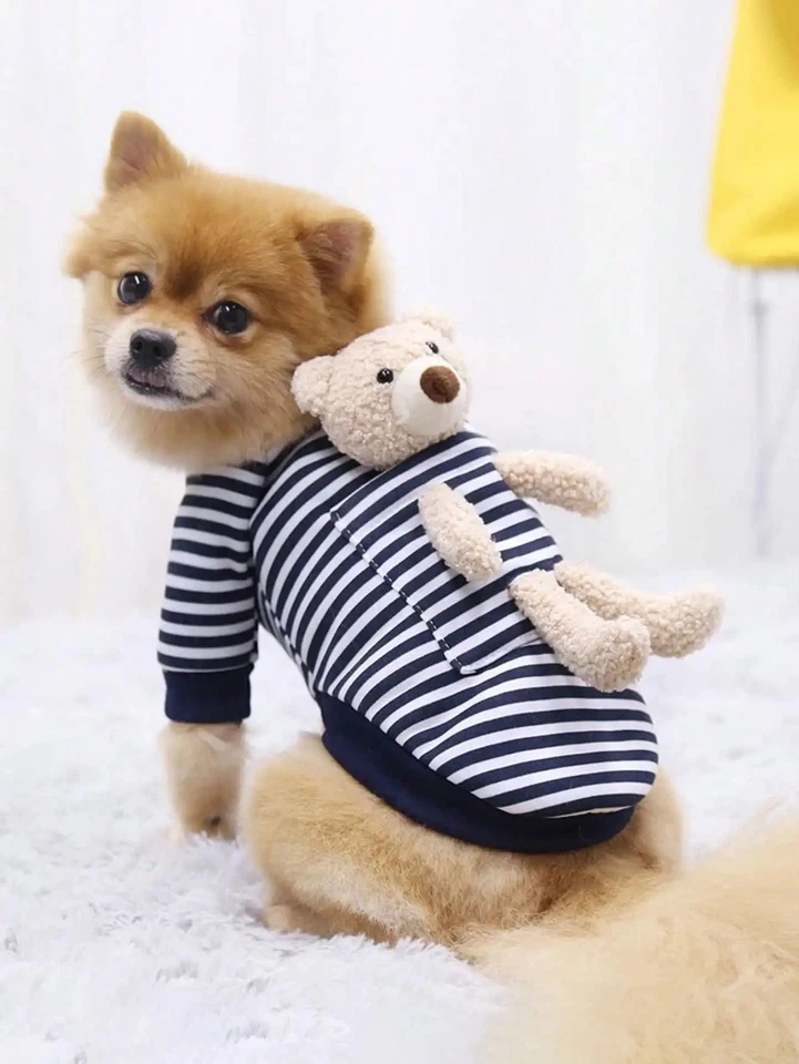 "Cute Pocket Bear Striped Dog Sweatshirt Velvet Pet Sweater for Small Medium Cat - Image 1 of 4