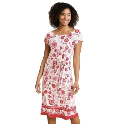 NUEVO Vestido Bella Jersey Sin Esfuerzo Talbots Para Mujer Pequeño Flores Aireadas Rojo Rosa Foto 1 de 4