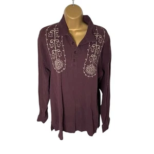 Vintage Y2K YMLA Embroidered Gauze Button Placket Long Sleeve Shirt Brown XL - Picture 1 of 3
