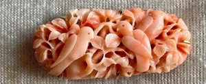 Beautiful 14k Yellow Gold Angel Skin Coral Carved Birds Leaves Orchid Pin Brooch - Picture 1 of 1