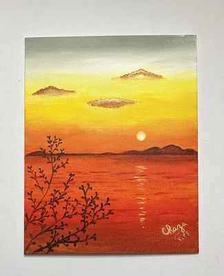 Paisaje Acrílico Original “Orange Sunset” Arte Sobre Panel, 8 por 10 Pulgadas Foto 1 de 2