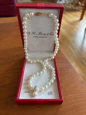 R.H. Macy Co Fine Jewelry 18" Pearl Necklace 14K Gold Clasp & Diamond Pendant - Image 1 of 4