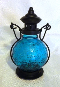 Pier1 Imports Blue Glass Hanging Lantern Black Metal Tealight Candle Holder 11" - Picture 1 of 9