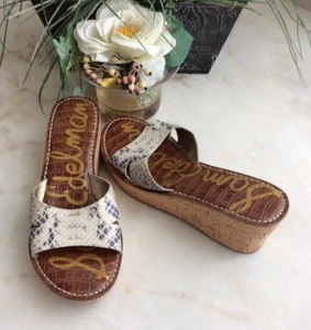 SAM EDELMAN Women's Faux Snakeskin Leather Cork Platform Wedge Sandals Size 8.5 - Picture 1 of 9