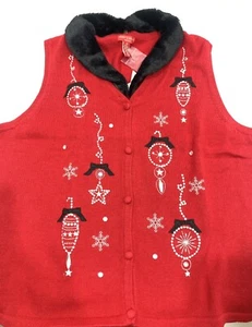 Maglione Gilet Natalizio Ornamento Rosso Luminoso Nero 1X Collare Staccabile - Foto 1 di 7