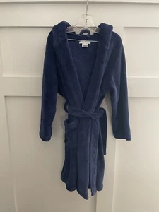 Pottery Barn Kids Bath Robe Spa Hooded Solid Plush Velour Robe, Medium Navy EUC - Picture 1 of 4