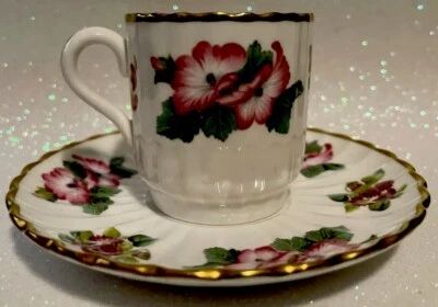Vintage SPODE For Danbury Mint Demitasse Teacup & Saucer Pink Hibiscus Flowers - Image 1 of 4