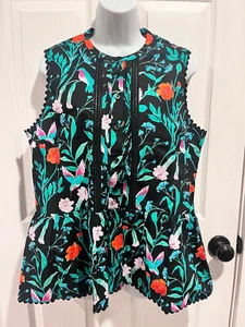 Kate Spade Jardin Poplin Hummingbird Floral Black Green Sleeveless Top Size L - Picture 1 of 11