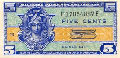 USA / MPC  5  Cents  1952  Series of 521  Plate # 48  Circulated Banknote M7 - Image 1 of 2