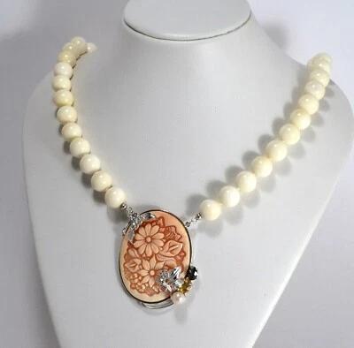 COLLANA IN ARGENTO 925 CON CAMMEO IN CORNEOLA FIORI E QUARZO FUME AGLN 0246 - Immagine 1 di 3