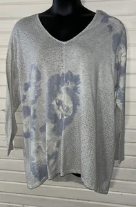 J JILL PureJill Talla XL 100% Algodón Cuello en V Top Gris Azul Sutil Túnica Floral Usada en Excelente Condición - Imagen 1 de 10