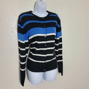 Dressbarn Blue/White/Black Striped Button Up Long-Sleeved Cardigan, Medium - Picture 1 of 7