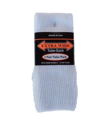 Extra Wide Tube Socks Size 9-16 Up to 6E Stretch 3-Pack White Made in USA - Image 1 of 4
