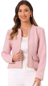 Allegra K Womens XS Pink Plaid Tweed Blazer Long Sleeve Open Front Work Office - Picture 1 of 6
