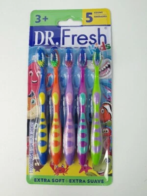 Pacote com 5 escovas de dentes Dr. Fresh Kids cabo de borracha extra macio cores divertidas novo - Imagem 1 de 4