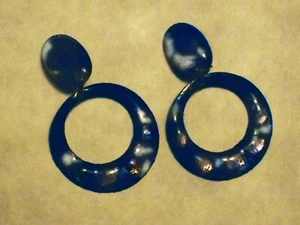 Vintage Handcrafted Spanish Enamel/Glass Copper Earrings in Blue & White - Picture 1 of 2