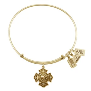 3-D FIREMAN'S SHIELD CHARM BANGLE BRACELET Antique Gold Finish - Picture 1 of 3