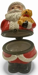 Santa Claus Trinket Box Hinged Teddy Bear Mini Gift-Wrapped Present Inside - Picture 1 of 9